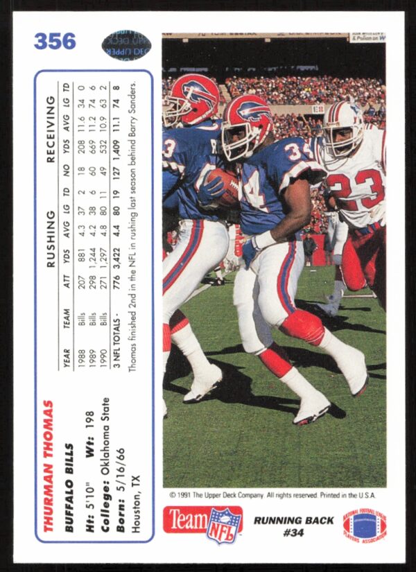 1991 Upper Deck Thurman Thomas #356 (Back)