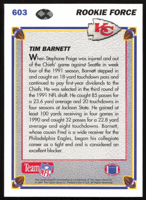 1991 Upper Deck Tim Barnett #603 (Back)