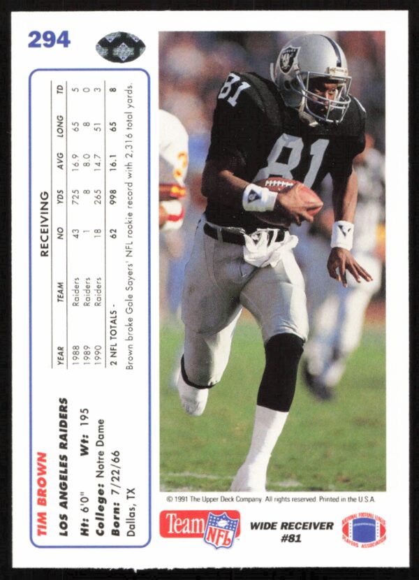 1991 Upper Deck Tim Brown #294 (Back)