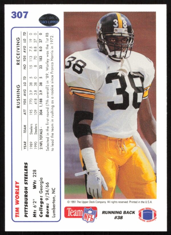 1991 Upper Deck Tim Worley #307 (Back)