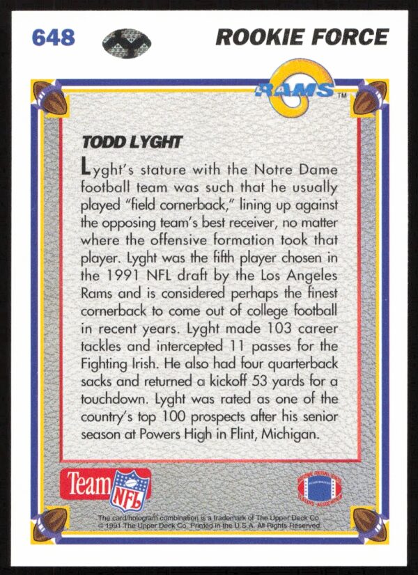 1991 Upper Deck Todd Lyght #648 (Back)