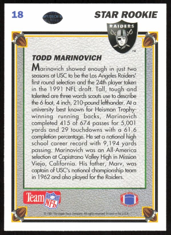 1991 Upper Deck Todd Marinovich #18 (Back)