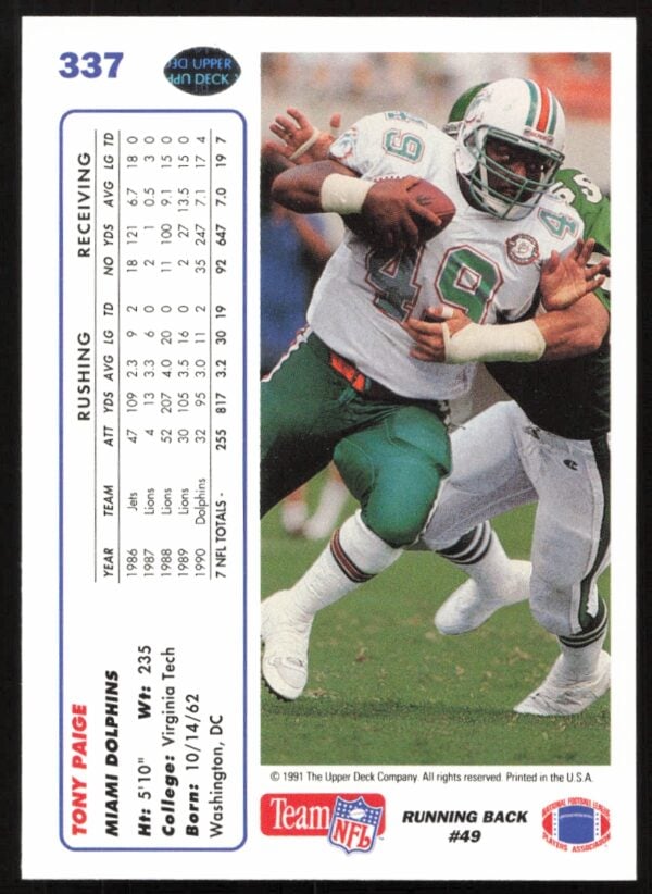 1991 Upper Deck Tony Paige #337 (Back)