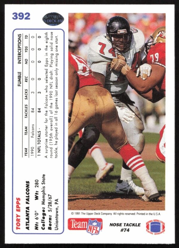 1991 Upper Deck Tory Epps #392 (Back)