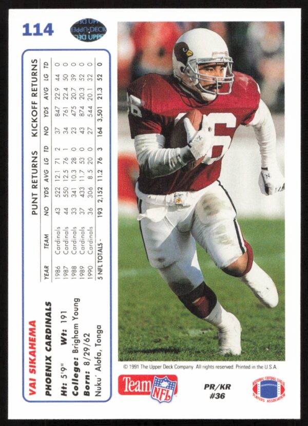 1991 Upper Deck Vai Sikahema #114 (Back)