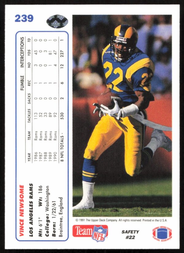 1991 Upper Deck Vince Newsome #239 (Back)