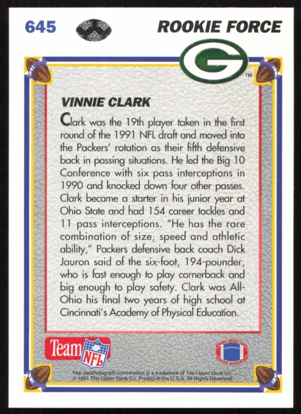 1991 Upper Deck Vinnie Clark #645 (Back)