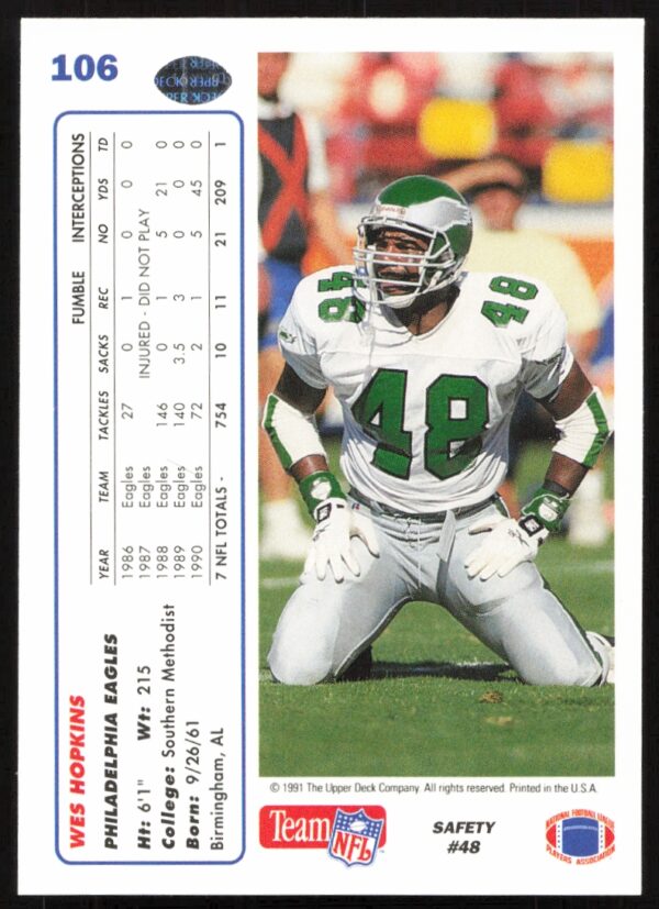 1991 Upper Deck Wes Hopkins #106 (Back)