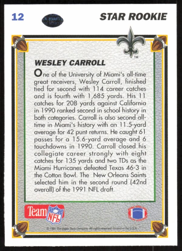 1991 Upper Deck Wesley Carroll #12 (Back)