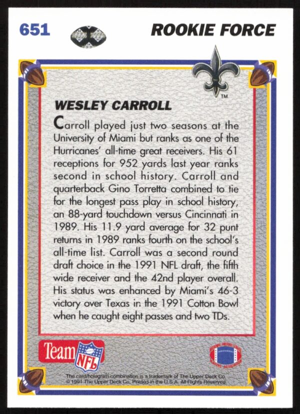 1991 Upper Deck Wesley Carroll #651 (Back)