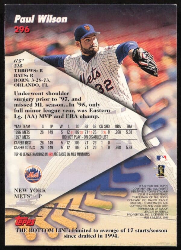 1998 Upper Deck Paul Wilson #296 (Back)