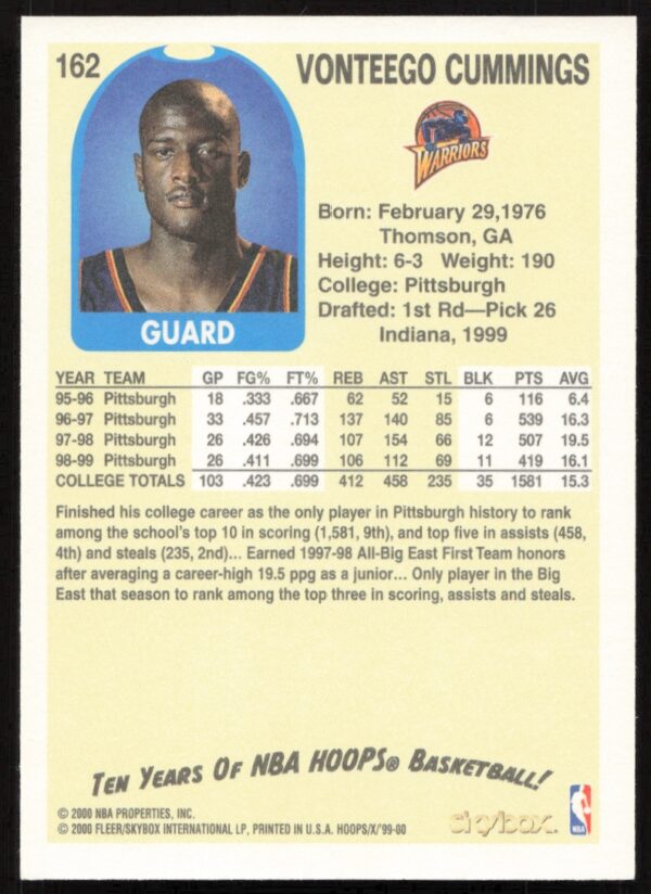 1999-00 Skybox NBA Hoops Decade Vonteego Cummings #162 (Back)