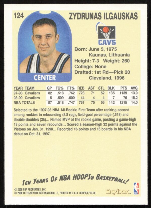 1999-00 Skybox NBA Hoops Decade Zydrunas Ilgauskas #124 (Back)