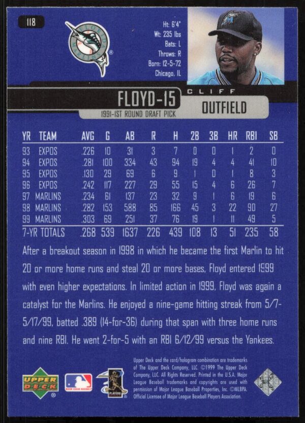 2000 Upper Deck Cliff Floyd #207 (Back)