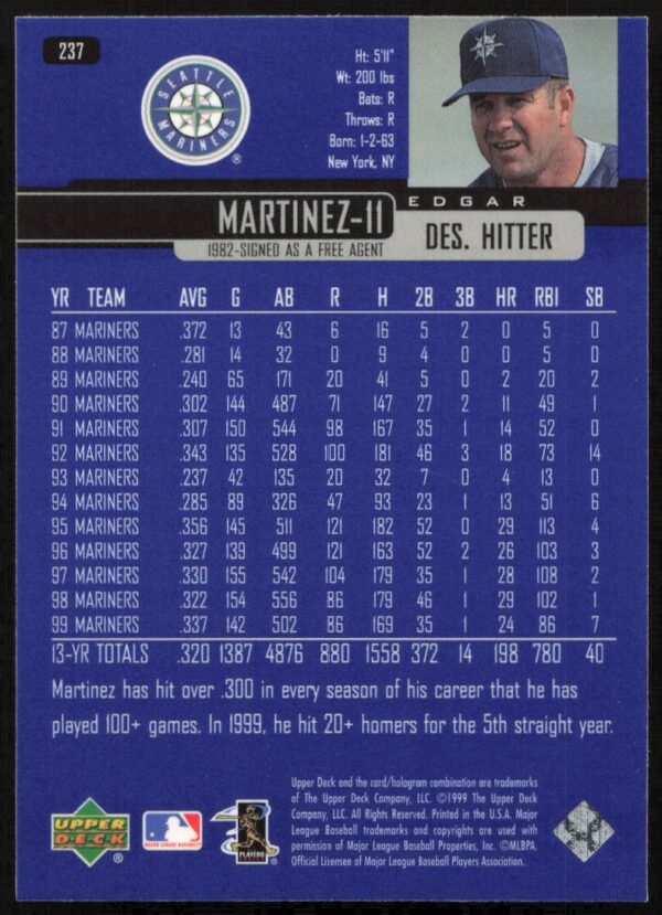 2000 Upper Deck Edgar Martinez #237 (Back)