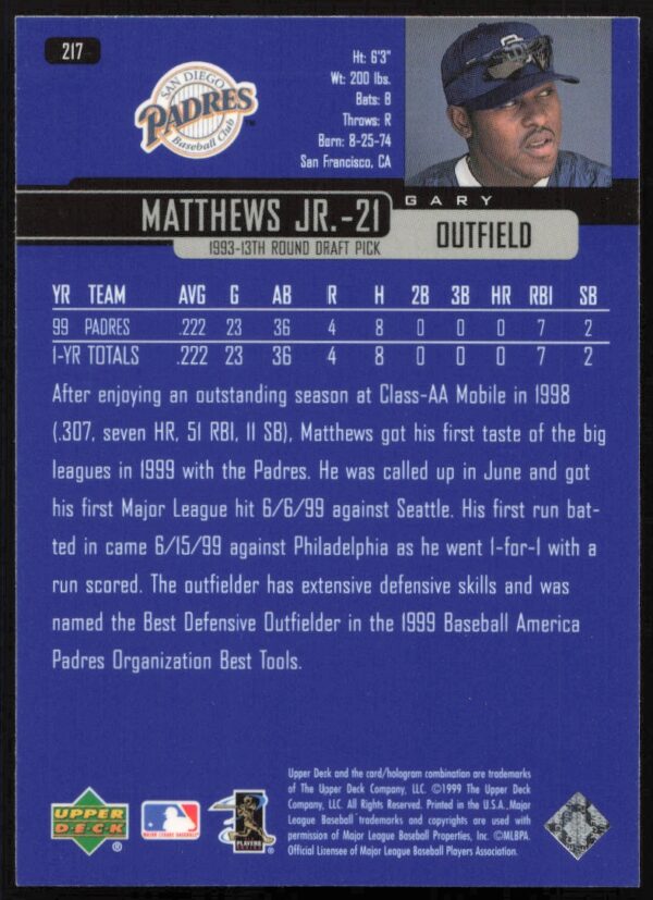 2000 Upper Deck Gary Matthews Jr. #217 (Back)