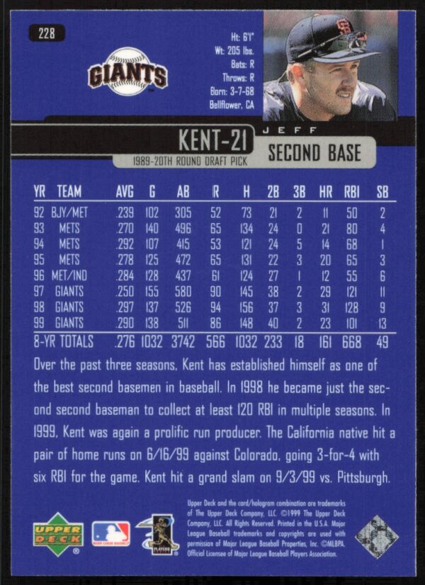 2000 Upper Deck Jeff Kent #228 (Back)