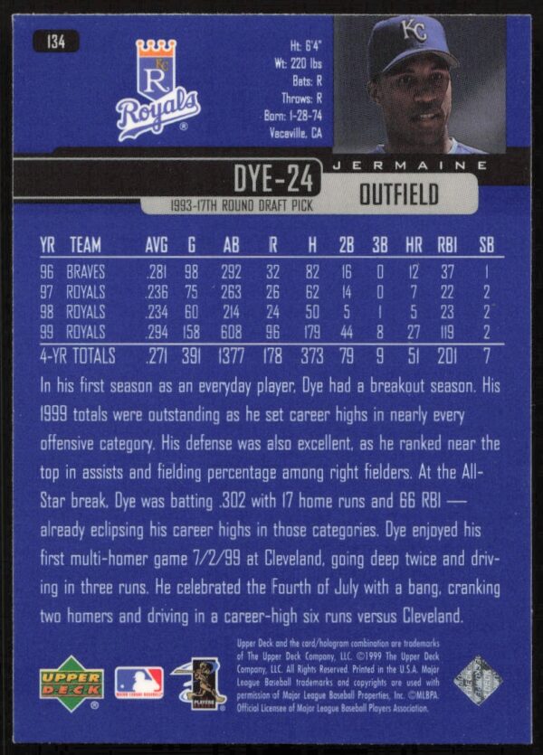 2000 Upper Deck Jermaine Dye #134 (Back)