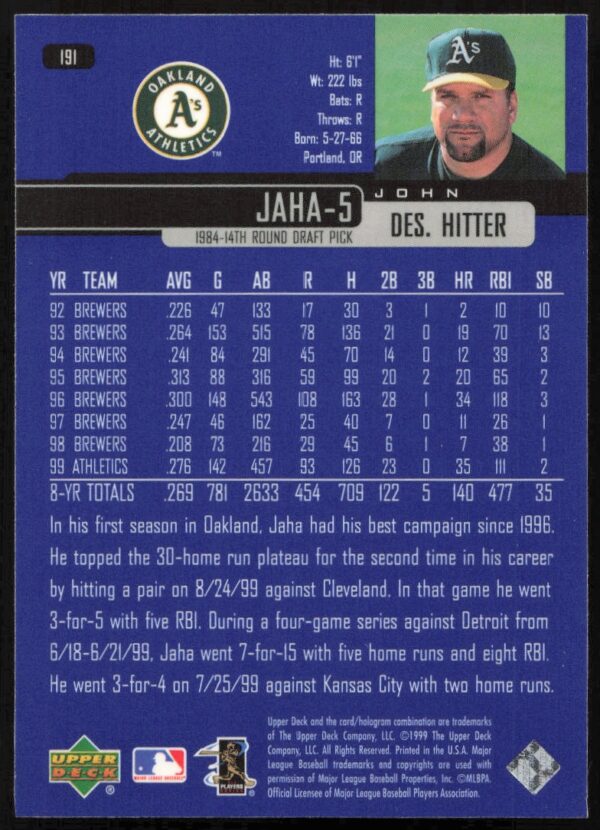 2000 Upper Deck John Jaha #191 (Back)