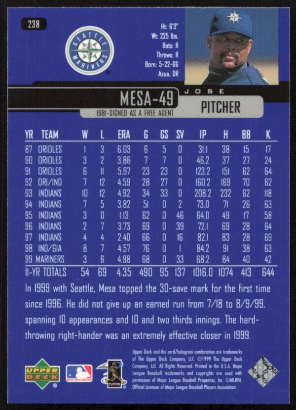 2000 Upper Deck Jose Mesa #238 (Back)