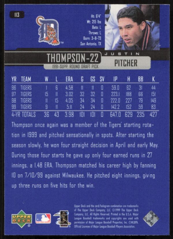 2000 Upper Deck Justin Thompson #113 (Back)