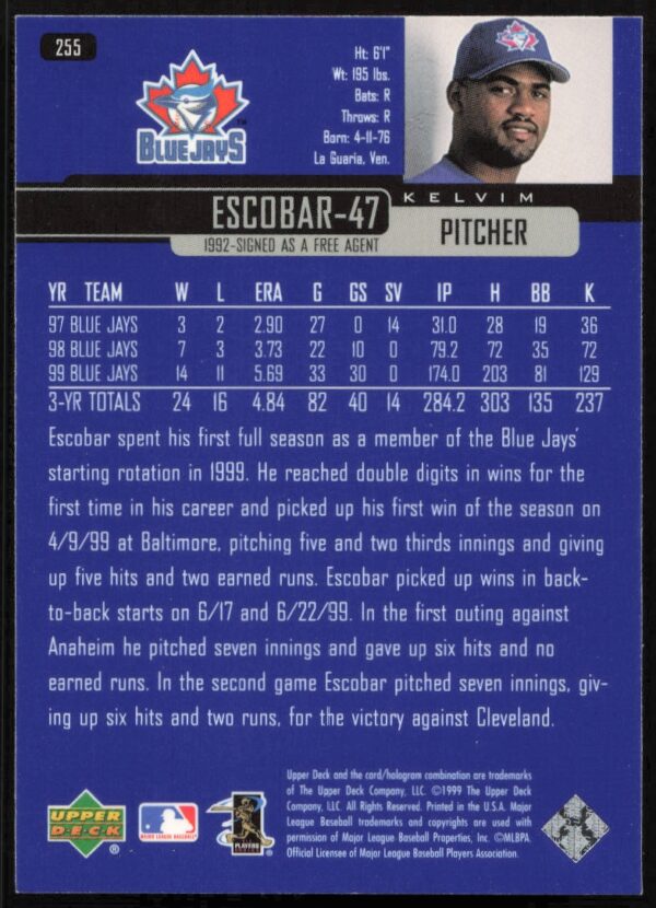 2000 Upper Deck Kelvim Escobar #255 (Back)