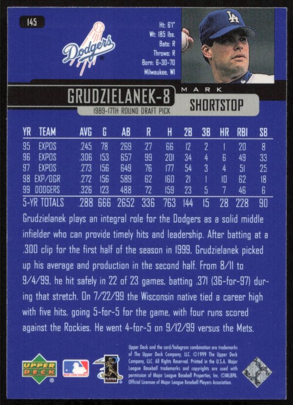 2000 Upper Deck Mark Grudzielanek #145 (Back)