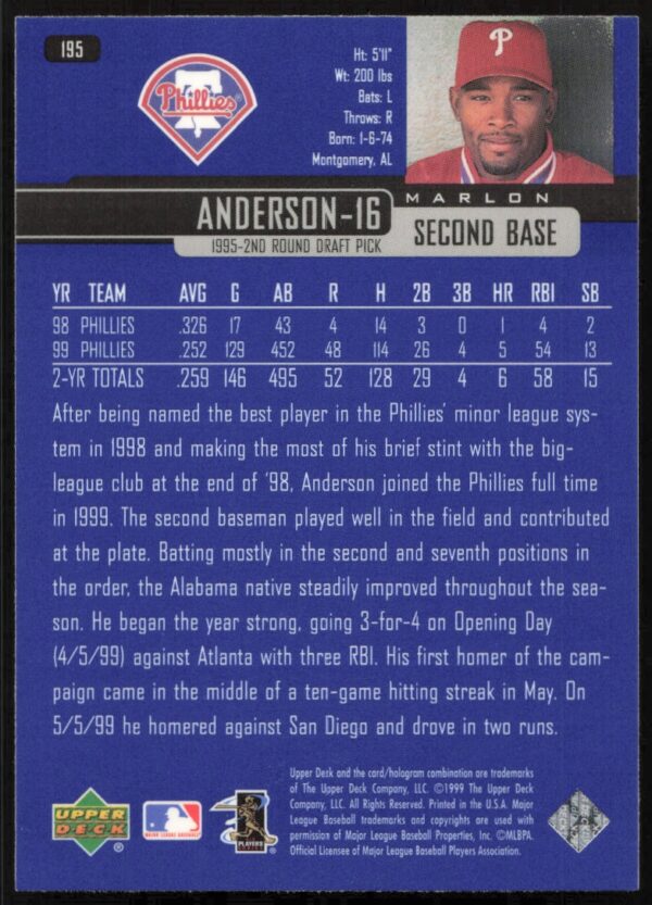 2000 Upper Deck Marlon Anderson #195 (Back)