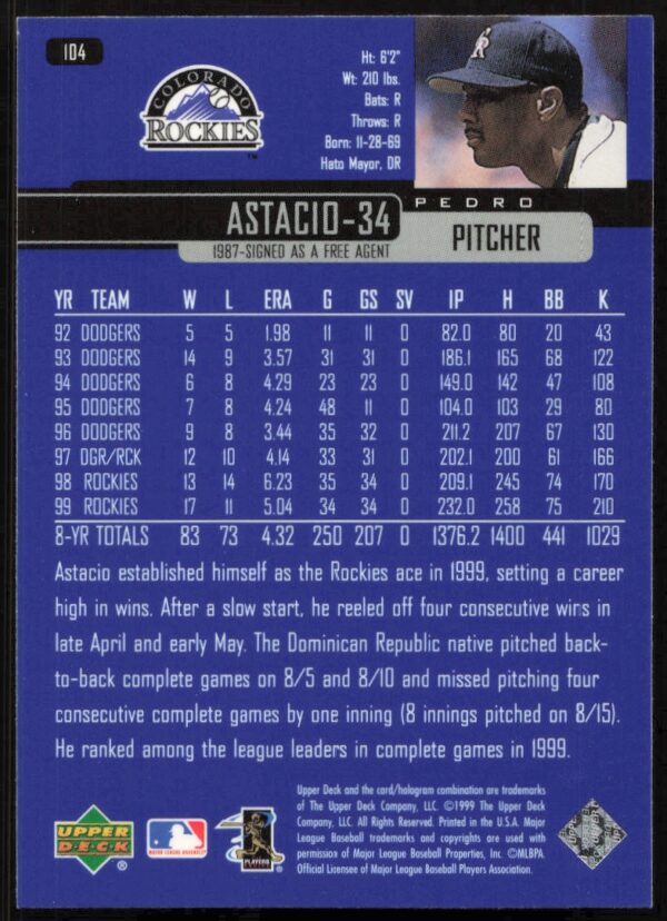 2000 Upper Deck Pedro Astacio #104 (Back)