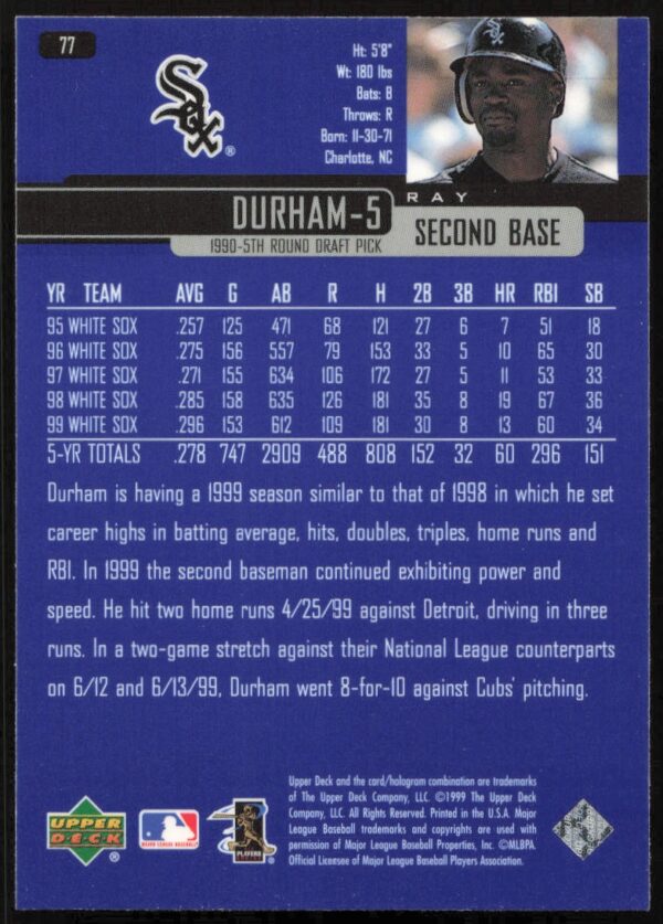 2000 Upper Deck Ray Durham #77 (Back)