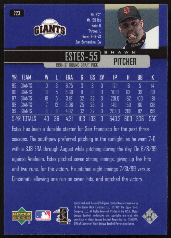 2000 Upper Deck Shawn Estes #223 (Back)