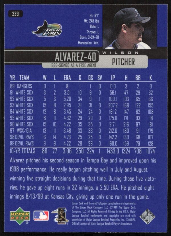 2000 Upper Deck Wilson Alvarez #239 (Back)