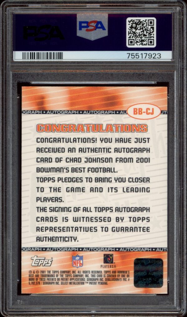 PSA graded 8.5 NM-MT+ Chad Johnson 2001 Bowmans Best Autograph Cards back view.