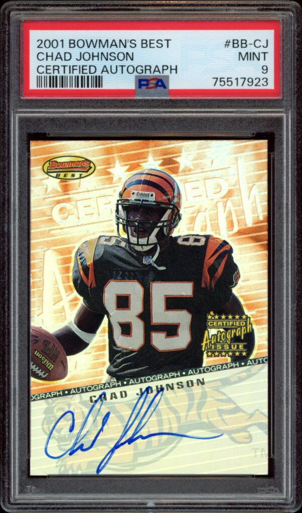 2001 Bowmans Best autographed card featuring football player Chad Johnson, graded as MINT by PSA.