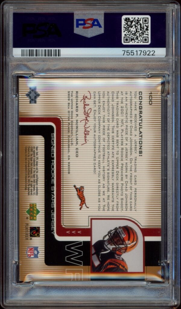 PSA-graded 2001 Upper Deck SPx Chad Johnson autographed sports card, back view.