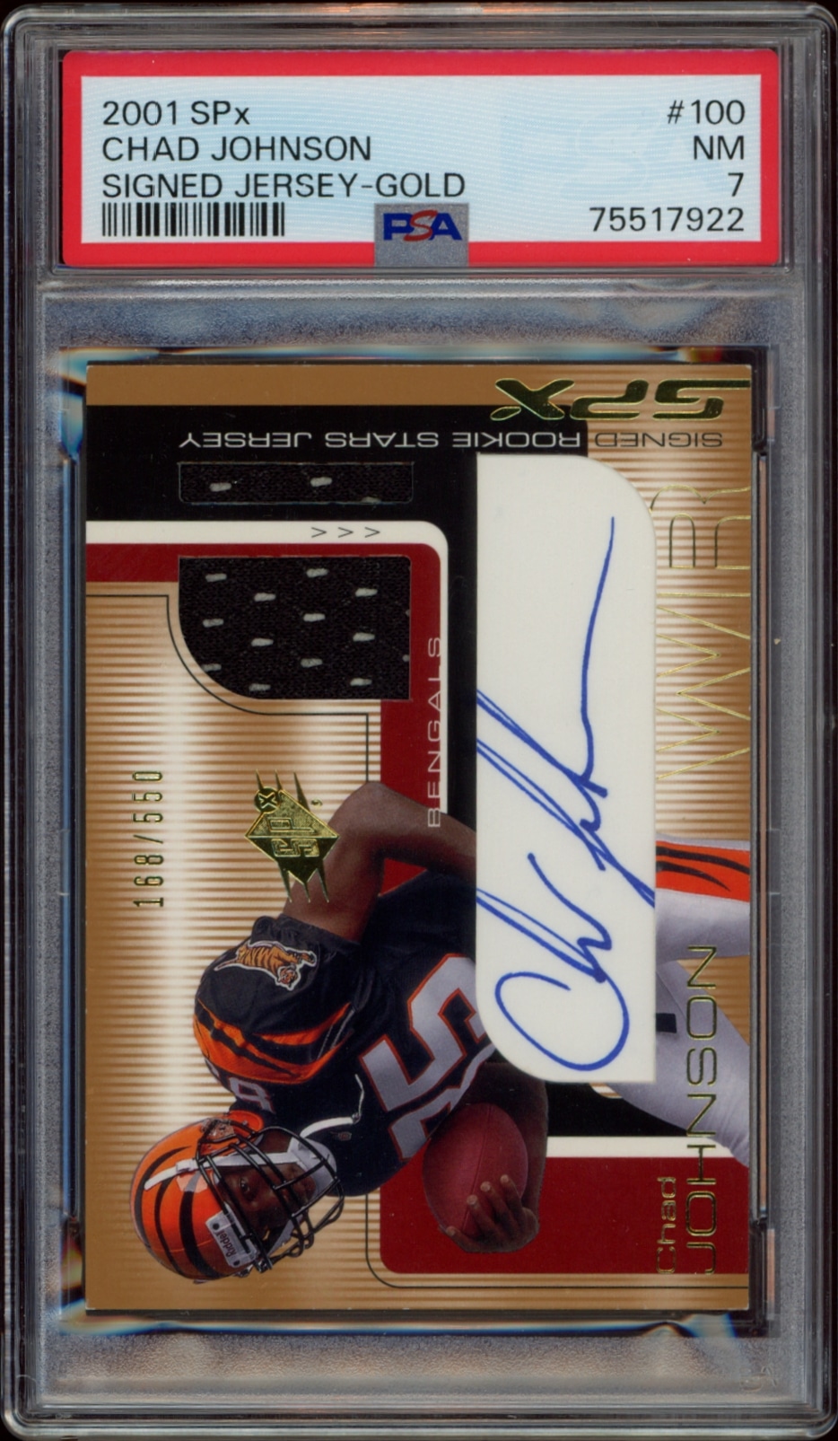 2001 SPx Chad Johnson autographed jersey card, PSA NM-MT 8 graded.