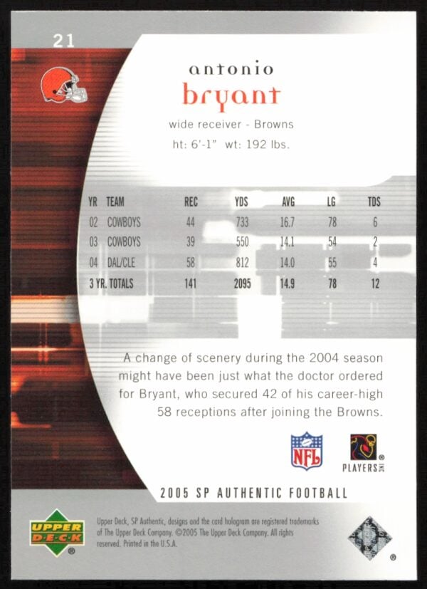 2005 Upper Deck SP Authentic Antonio Bryant #21 (Back)