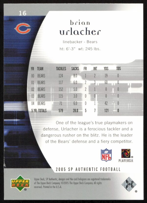 2005 Upper Deck SP Authentic Brian Urlacher #16 (Back)