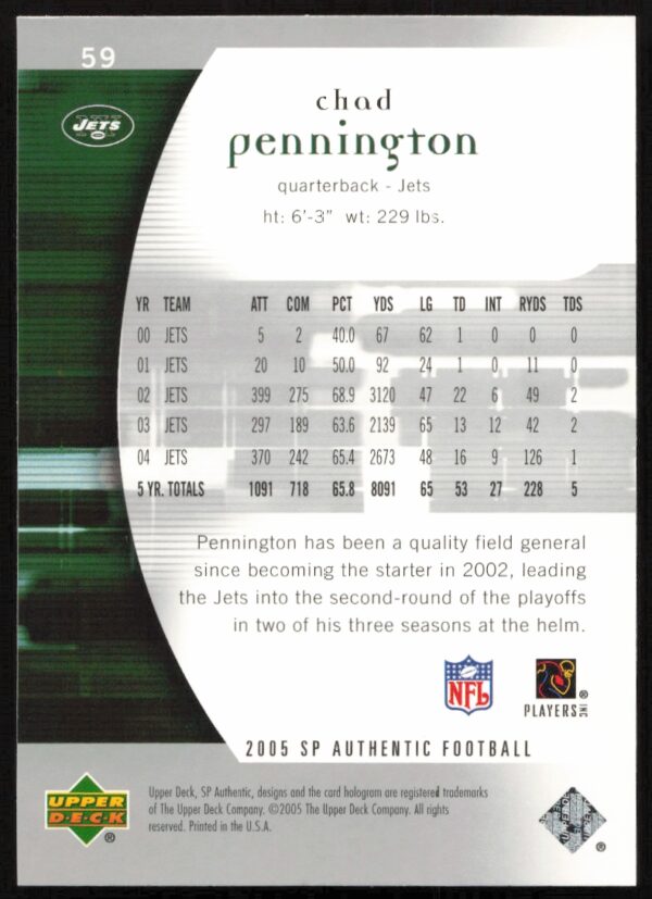 2005 Upper Deck SP Authentic Chad Pennington #59 (Back)