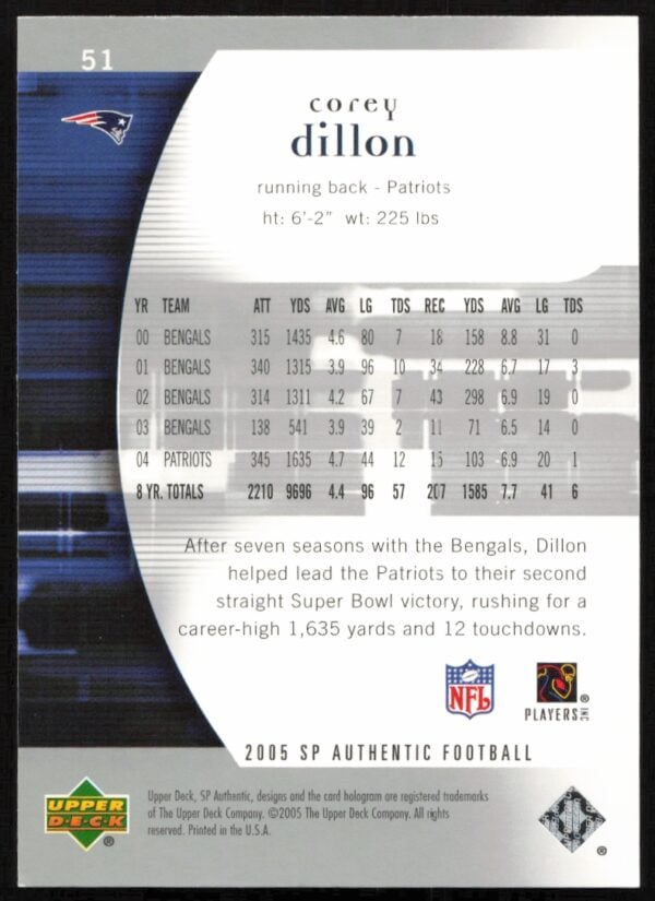 2005 Upper Deck SP Authentic Corey Dillon #51 (Back)