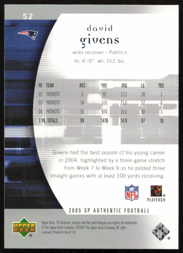 2005 Upper Deck SP Authentic David Givens #52 (Back)