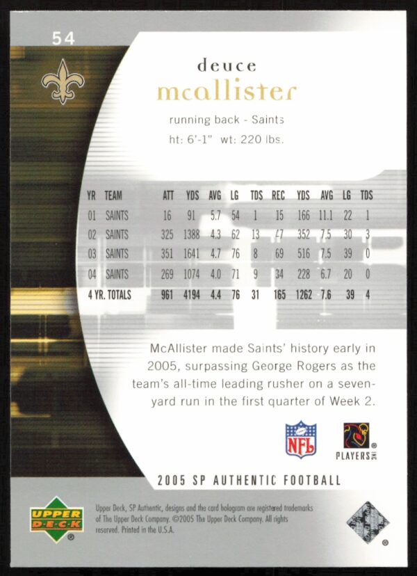 2005 Upper Deck SP Authentic Deuce McAllister #54 (Back)