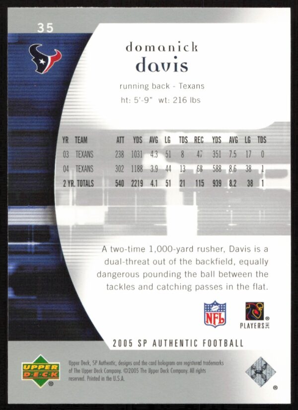 2005 Upper Deck SP Authentic Domanick Davis #35 (Back)