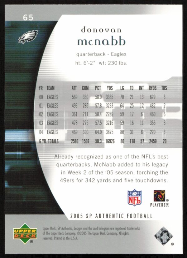 2005 Upper Deck SP Authentic Donovan McNabb #65 (Back)