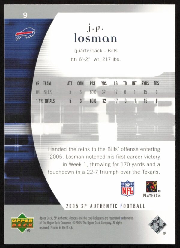 2005 Upper Deck SP Authentic J.P. Losman #9 (Back)