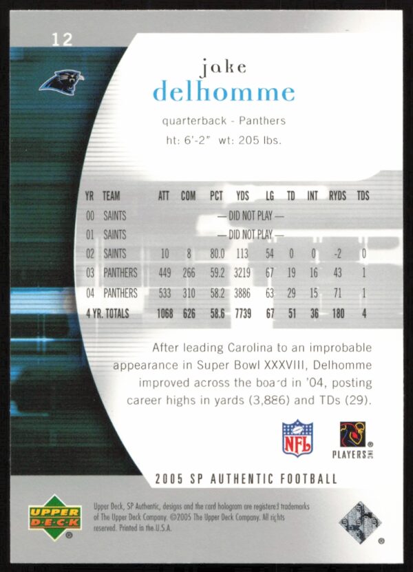 2005 Upper Deck SP Authentic Jake Delhomme #12 (Back)