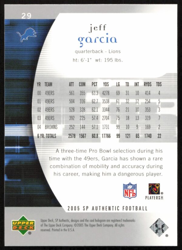 2005 Upper Deck SP Authentic Jeff Garcia #29 (Back)