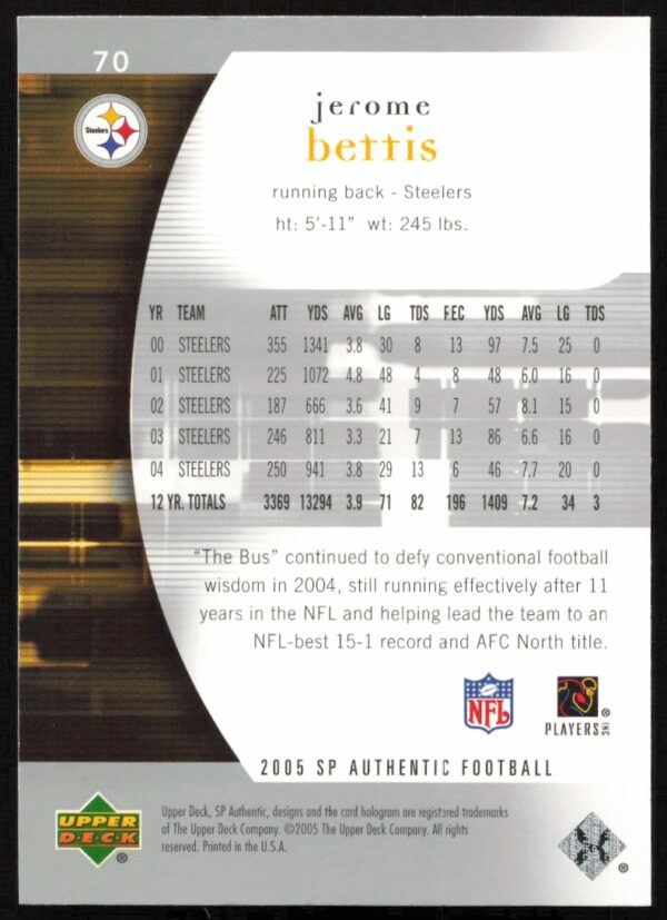 2005 Upper Deck SP Authentic Jerome Bettis #70 (Back)