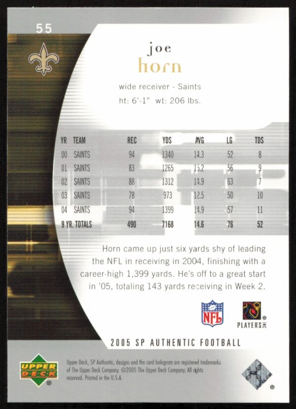 2005 Upper Deck SP Authentic Joe Horn #55 (Back)