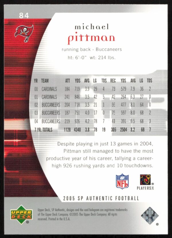 2005 Upper Deck SP Authentic Michael Pittman #84 (Back)